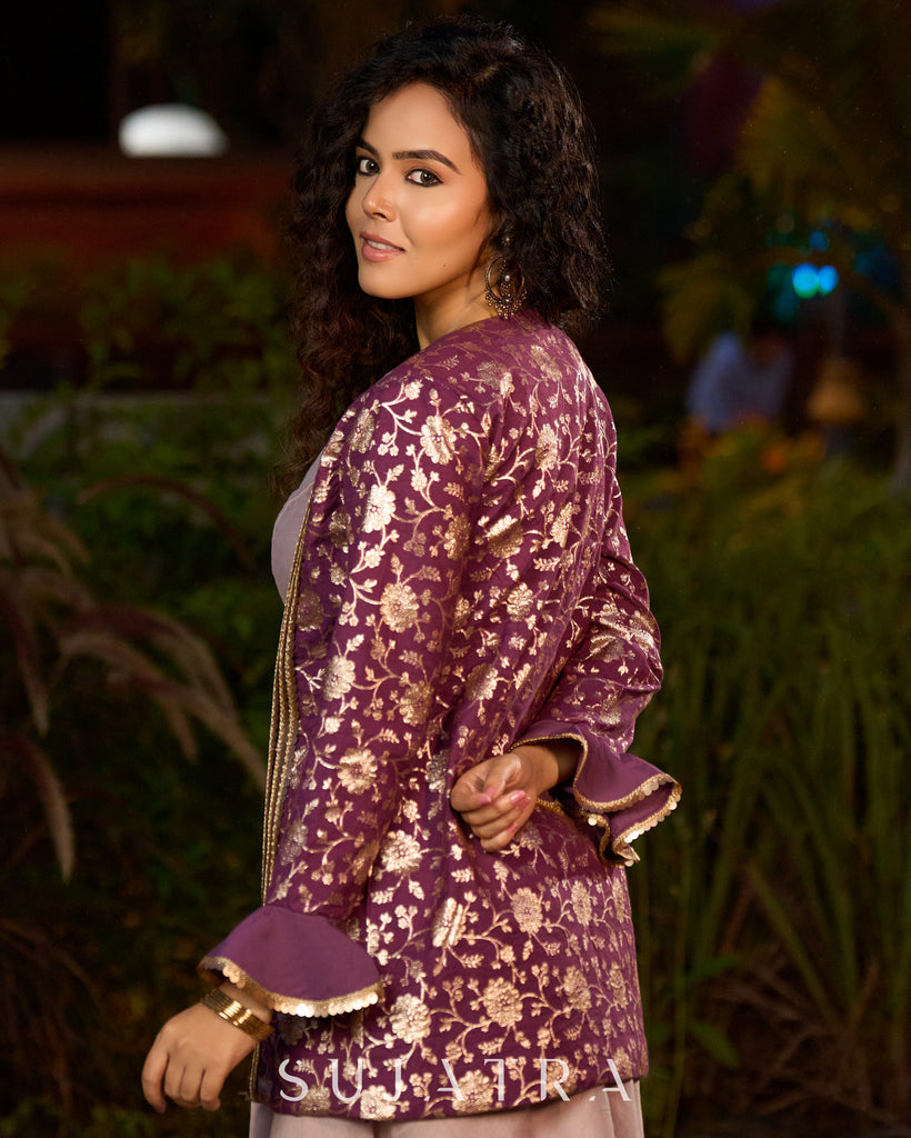 Exquisite Lavender Chanderi Princess-Cut Flared Gown with Brocade Jacket Additional