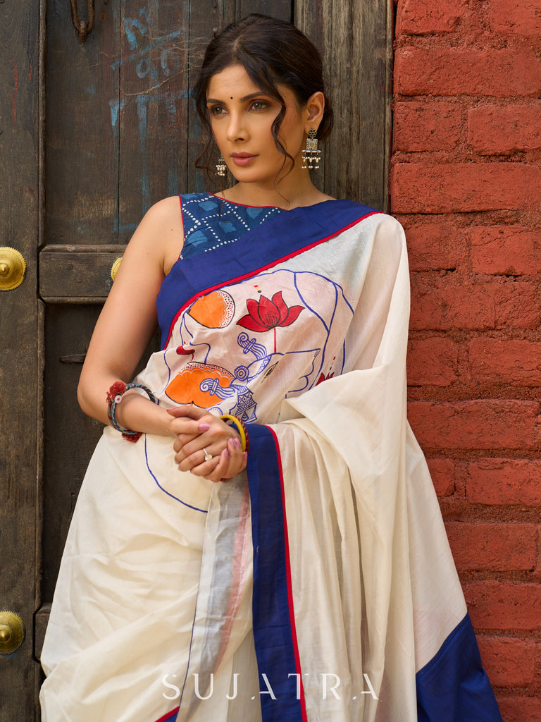 Hand-painted Pichwai inspired elegance on ivory chanderi saree