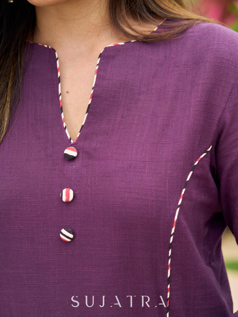 Elegant purple cotton kurta designed with flattering princess-cut silhouette -pant optional