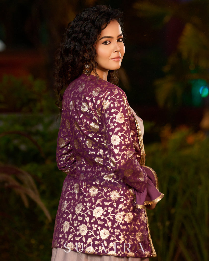 Exquisite Lavender Chanderi Princess-Cut Flared Gown with Brocade Jacket Additional