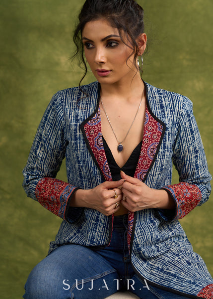 Dramatic Elegance: Indigo Blue Long Shrug With Exquisite Ajrakh Lining
