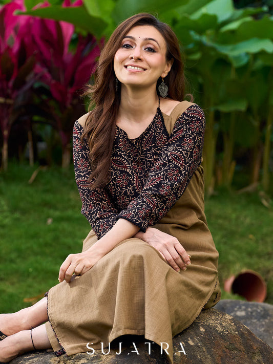 Modern Khaki Kurta with Handcrafted Floral Black Yoke and Tie-Up Closure