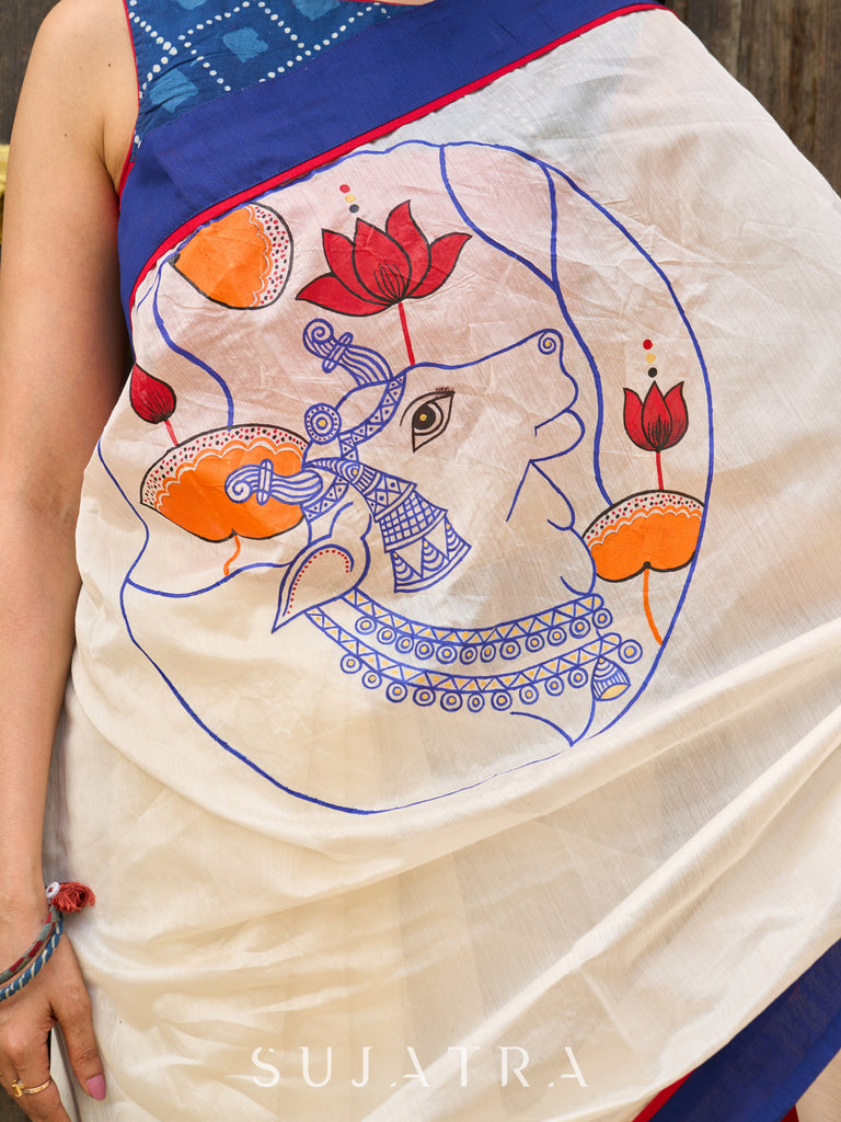 Hand-painted Pichwai inspired elegance on ivory chanderi saree