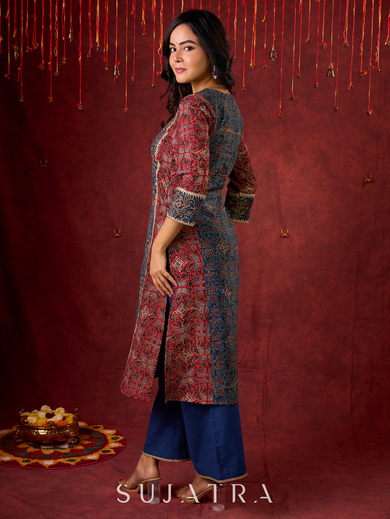 Rustic Harmony Blue–Maroon Combination Ajrakh Cotton Kurta with Delicate Embroidery
