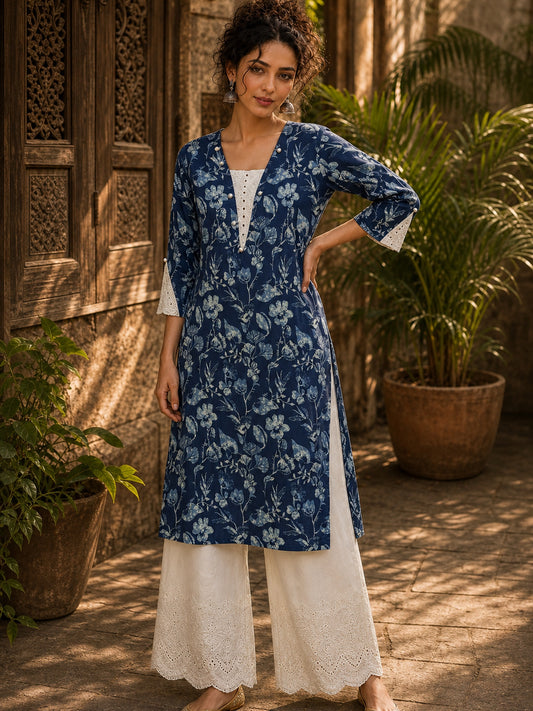 Bold Navy Blue Floral Print Kurta with Ivory Hakoba Cuffs & Pearl Embellished Placket