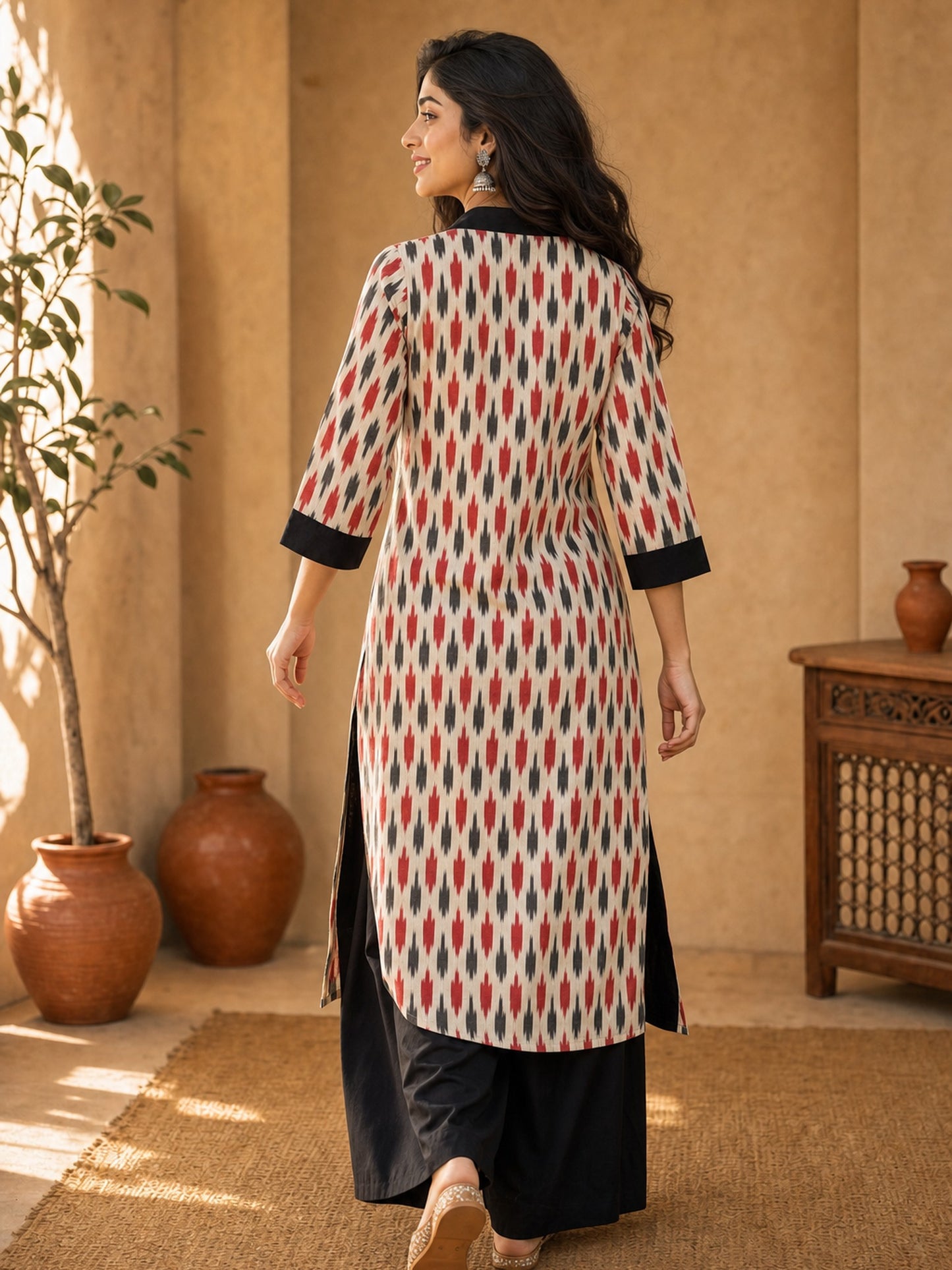 Ivory Ikat Cotton Kurta with Contrast Black Collar & Cuff Detail