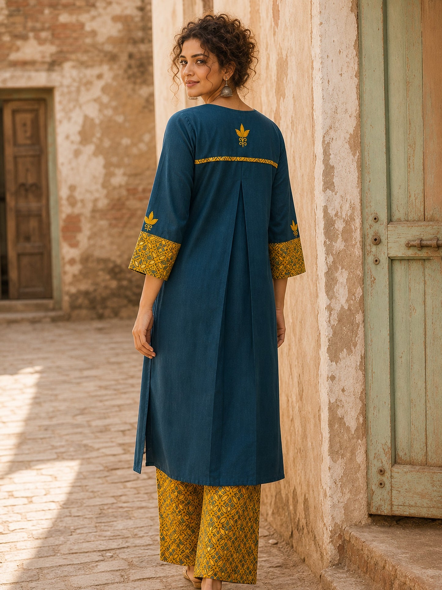 Classic Teal Cotton Kurta with Mustard Paisley Motif & Embroidered Neckline & Ajrakh Printed Cuffs