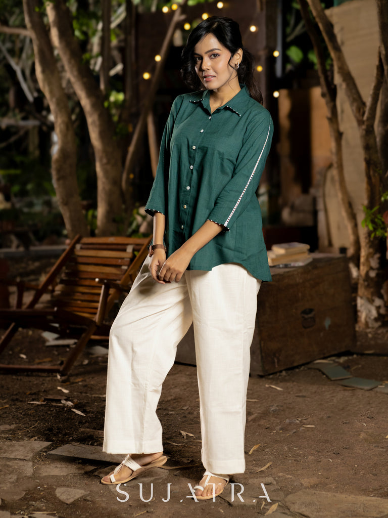 Bottle Green Cotton Shirt with Delicate White Lace and Bead Embellishments