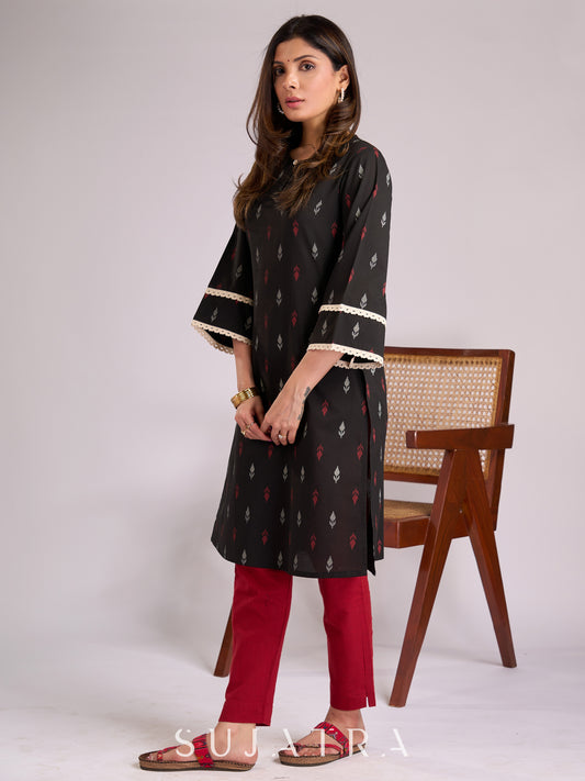 Beautiful Black Printed Cotton Kurta with Delicate Crochet Lace Detailing