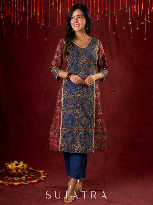 Rustic Harmony Blue–Maroon Combination Ajrakh Cotton Kurta with Delicate Embroidery