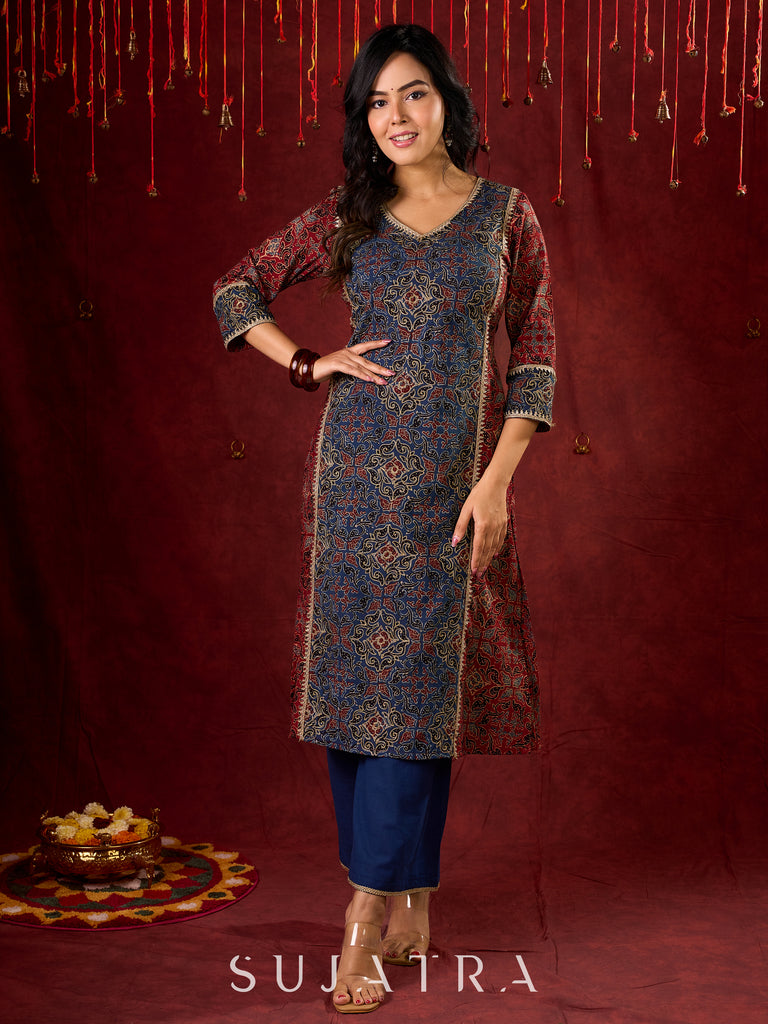 Rustic Harmony Blue–Maroon Combination Ajrakh Cotton Kurta with Delicate Embroidery