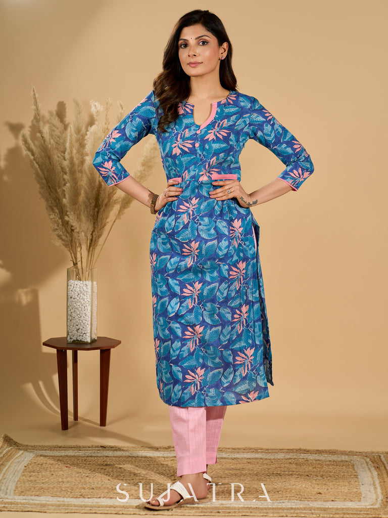 Blue Breeze Floral Printed Mul Cotton Kurta with Striking Pink Highlights