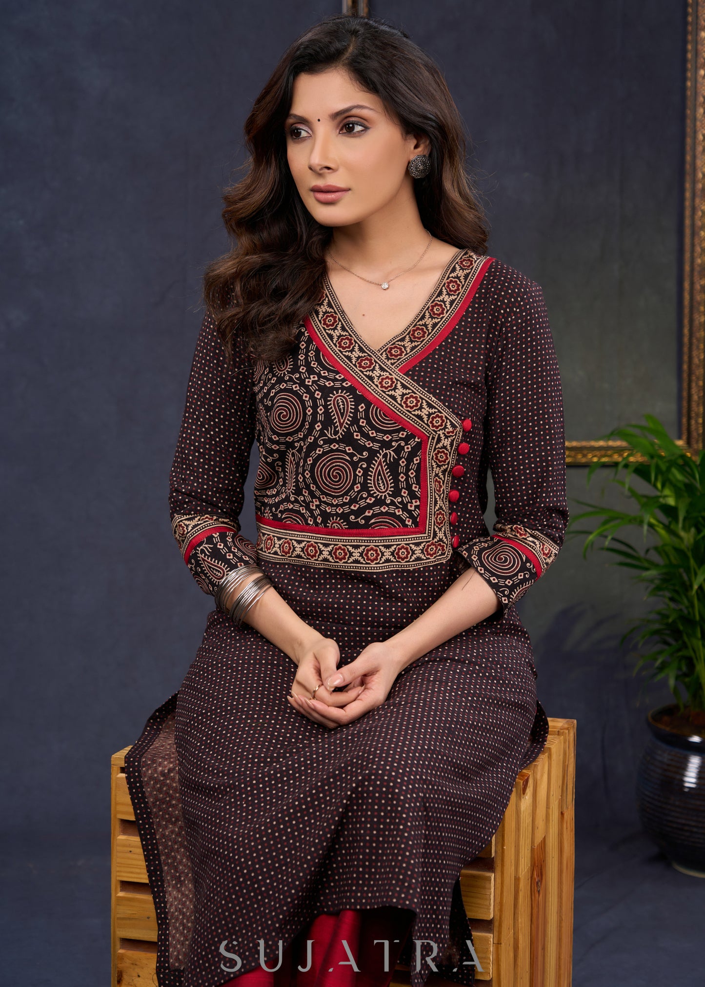 Beautiful-Black-Cotton-Ajrakh-Combination-Kurta-With-Highlighted-Ajrakh-Yoke--Pant-Optional