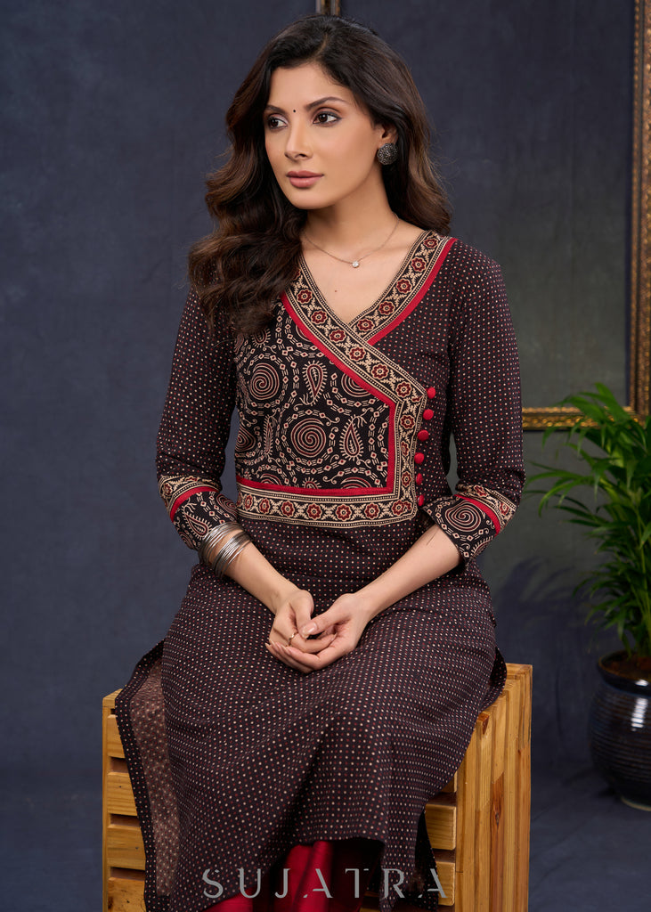 Beautiful-Black-Cotton-Ajrakh-Combination-Kurta-With-Highlighted-Ajrakh-Yoke--Pant-Optional