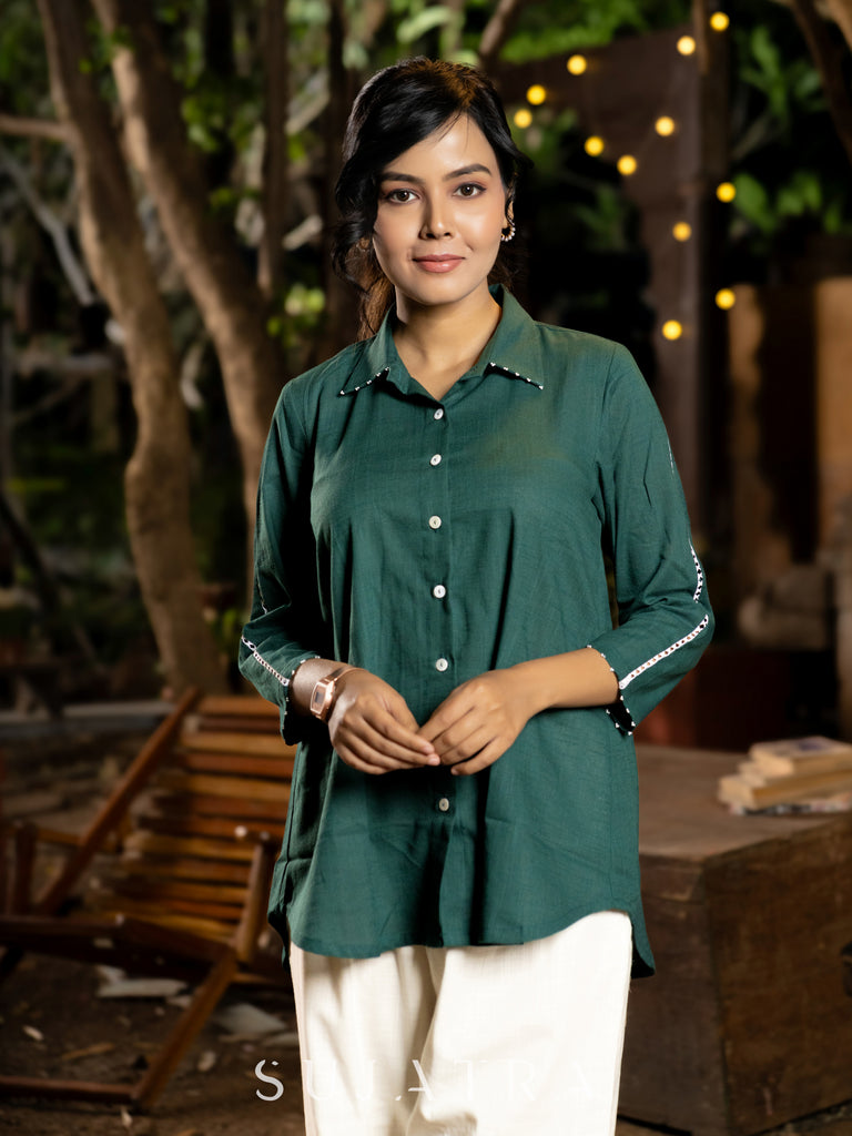 Bottle Green Cotton Shirt with Delicate White Lace and Bead Embellishments