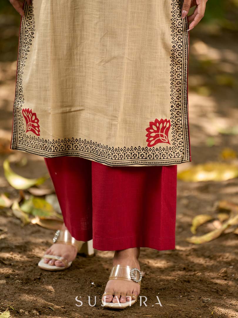 Sophisticated Beige Cotton Kurta with Statement Hand Block Design and Printed Hem Border