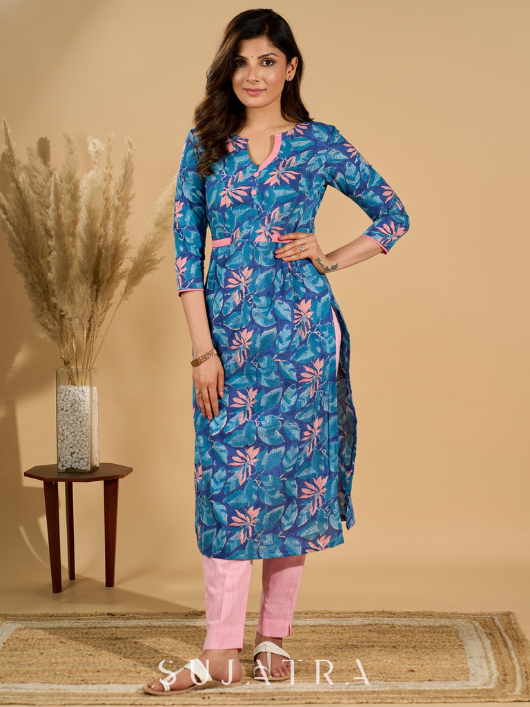 Blue Breeze Floral Printed Mul Cotton Kurta with Striking Pink Highlights