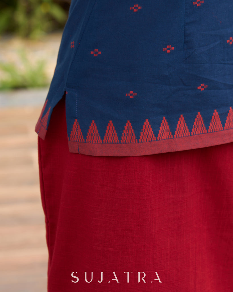Ikat & Jamdani design Fusion Maroon Top & Skirt with Additional Ikat Accent Shrug