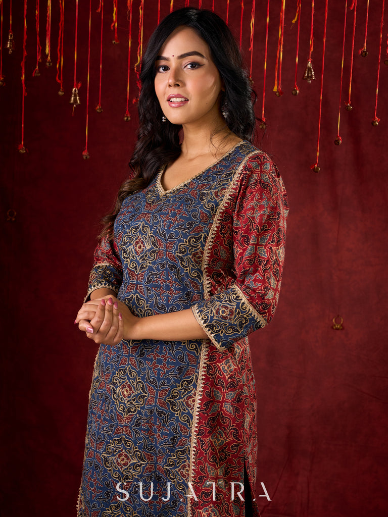 Rustic Harmony Blue–Maroon Combination Ajrakh Cotton Kurta with Delicate Embroidery