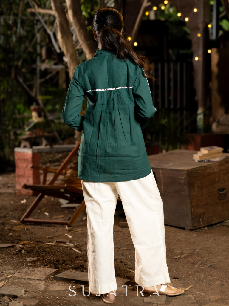 Bottle Green Cotton Shirt with Delicate White Lace and Bead Embellishments