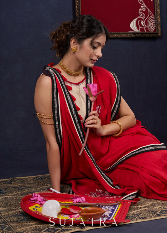 Red Bengal Cotton Saree with Intricate Hand-painted saree with stone embellishments