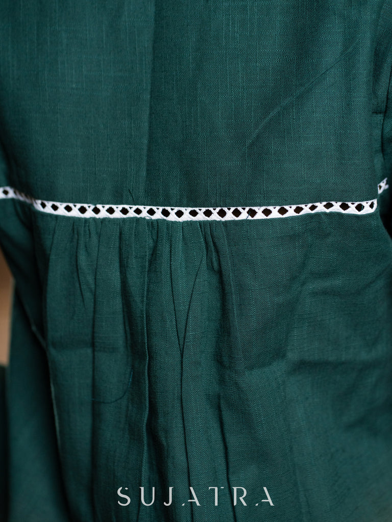 Bottle Green Cotton Shirt with Delicate White Lace and Bead Embellishments