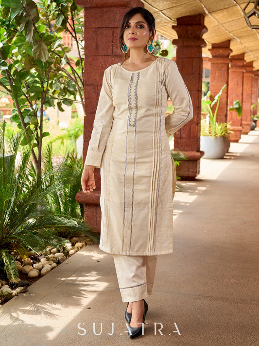 Graceful cotton-Hakoba kurta with pleated charm and lace detailing -pant optional