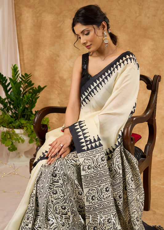 Authentic Off White Pure Silk Block Printed Saree With Temple Border