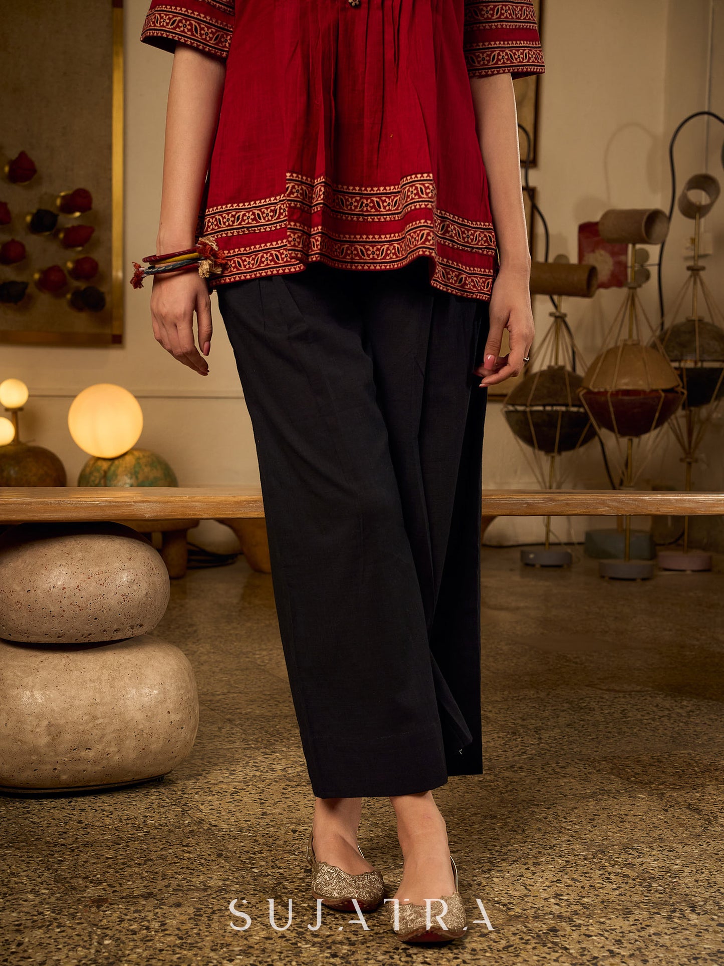 Black Cotton Pleated Pant