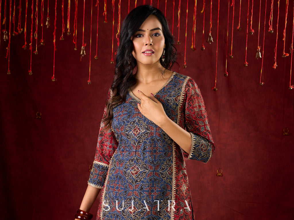 Rustic Harmony Blue–Maroon Combination Ajrakh Cotton Kurta with Delicate Embroidery
