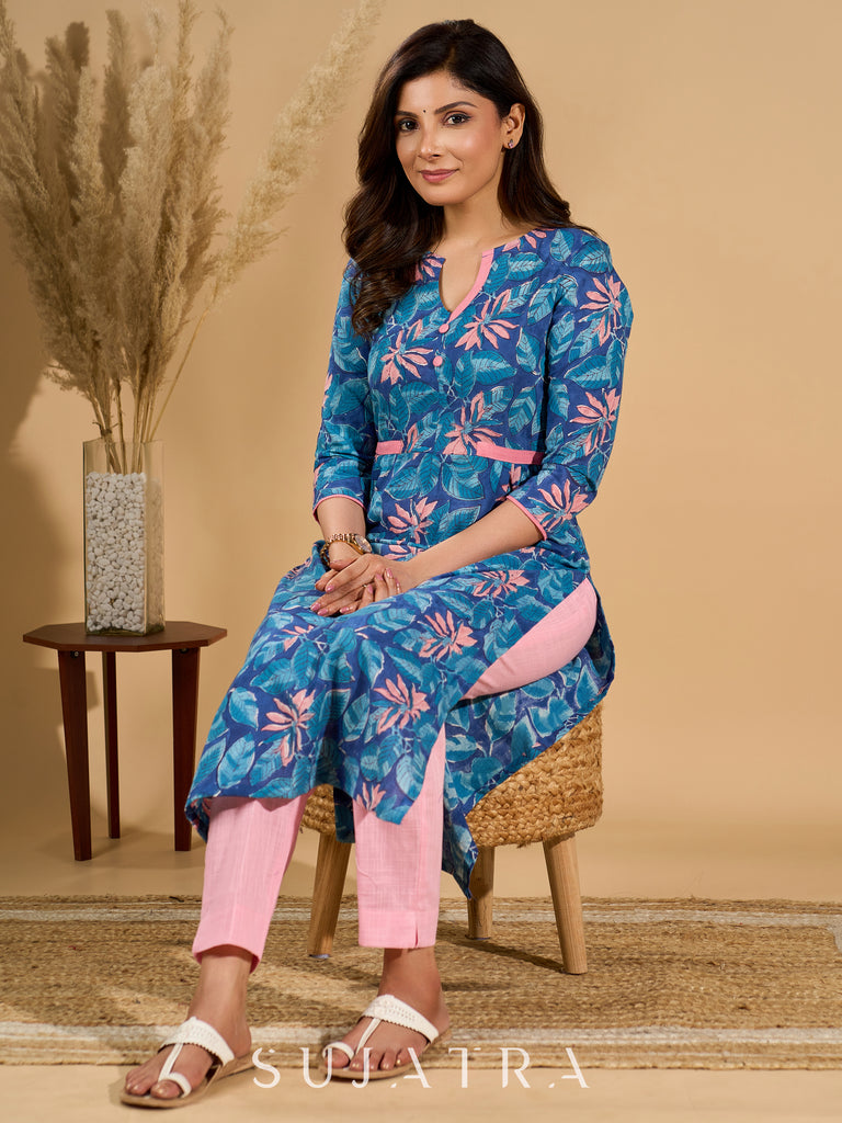 Blue Breeze Floral Printed Mul Cotton Kurta with Striking Pink Highlights