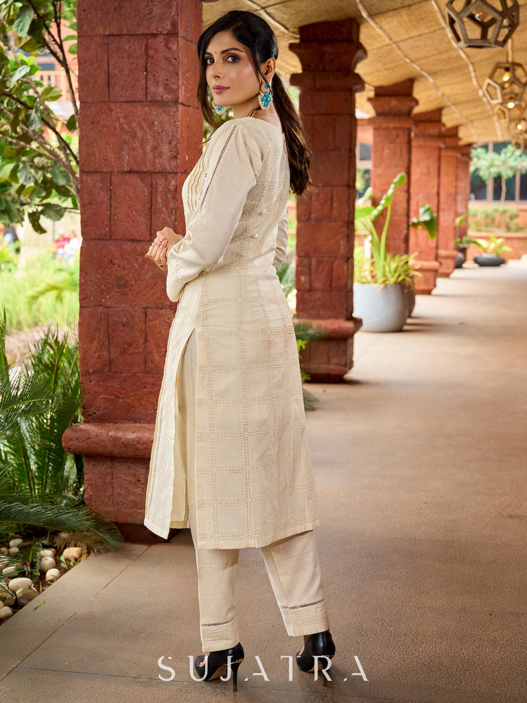 Graceful cotton-Hakoba kurta with pleated charm and lace detailing -pant optional