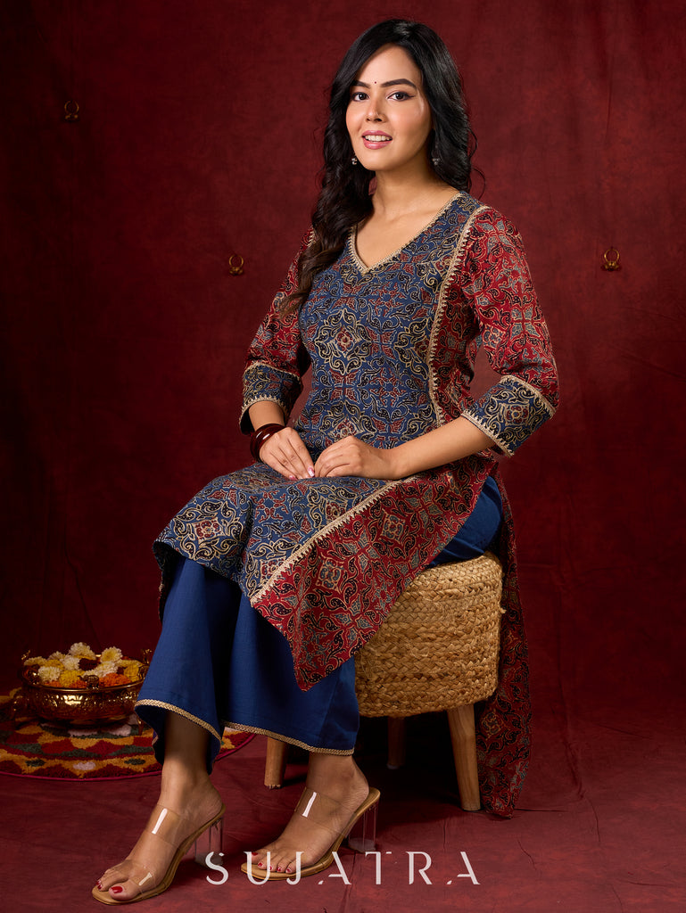Rustic Harmony Blue–Maroon Combination Ajrakh Cotton Kurta with Delicate Embroidery