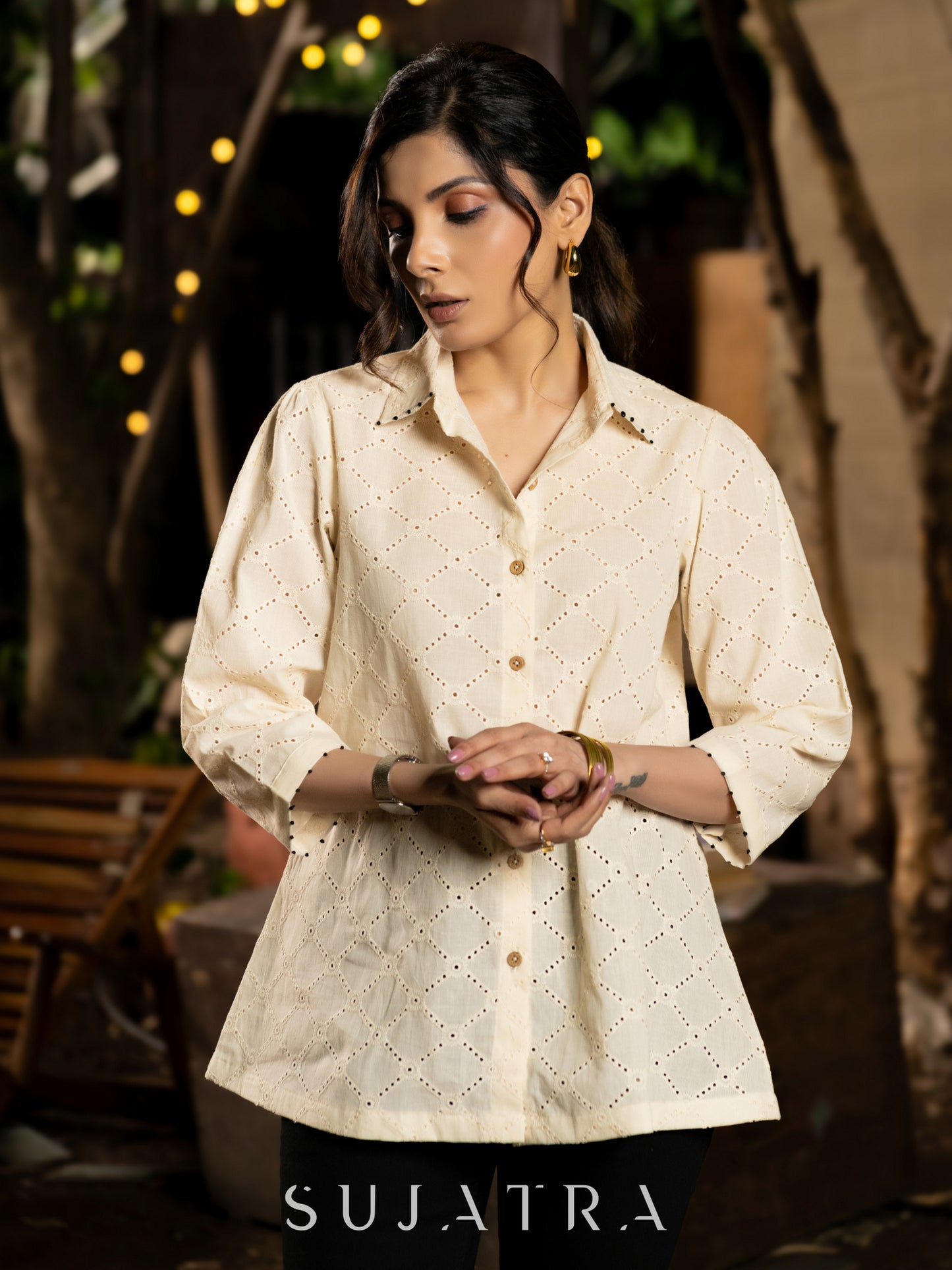 Soft Cream Hakoba Shirt with Subtle Handcrafted Collar and Sleeves Detail