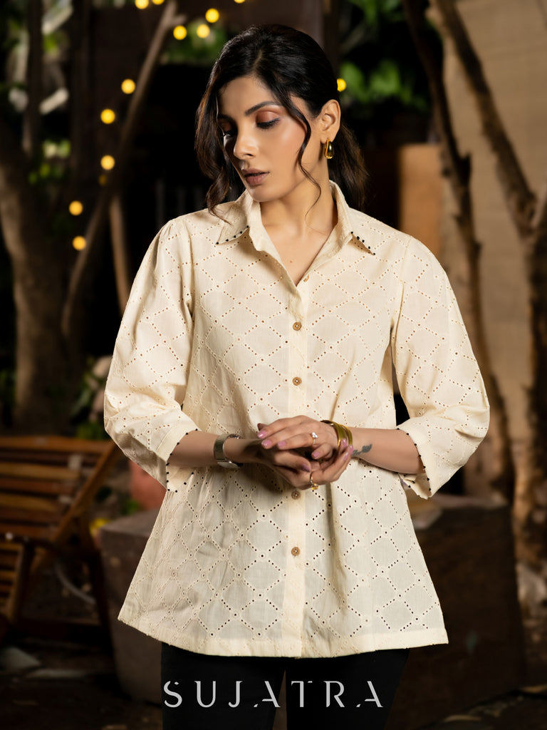 Soft Cream Hakoba Shirt with Subtle Handcrafted Collar and Sleeves Detail