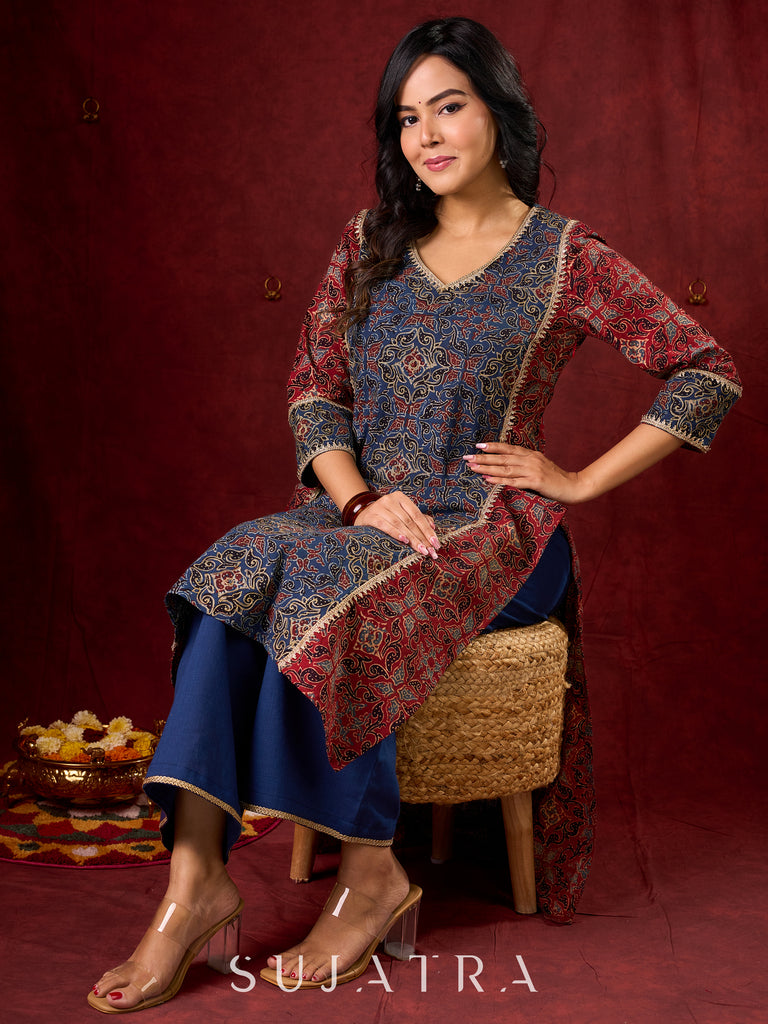 Rustic Harmony Blue–Maroon Combination Ajrakh Cotton Kurta with Delicate Embroidery