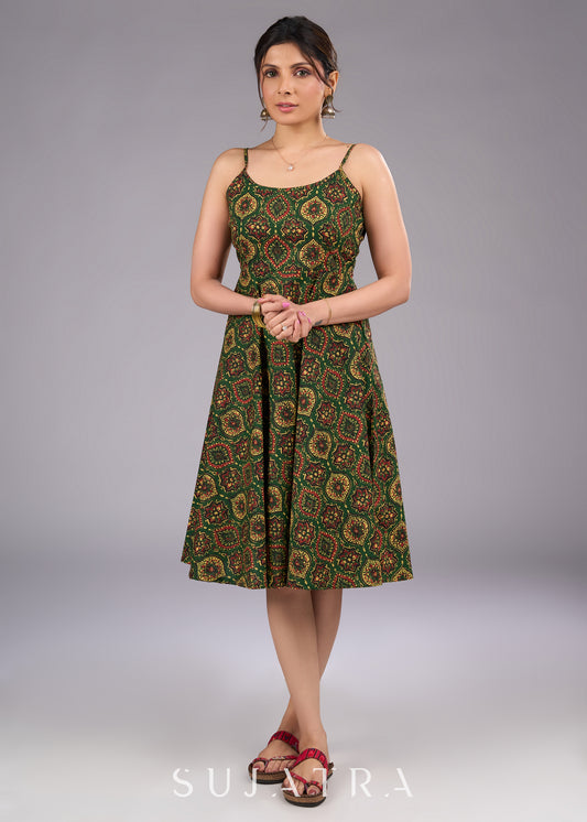 Classic Green Ajrakh Strappy Flared Dress - Applique work jacket optional