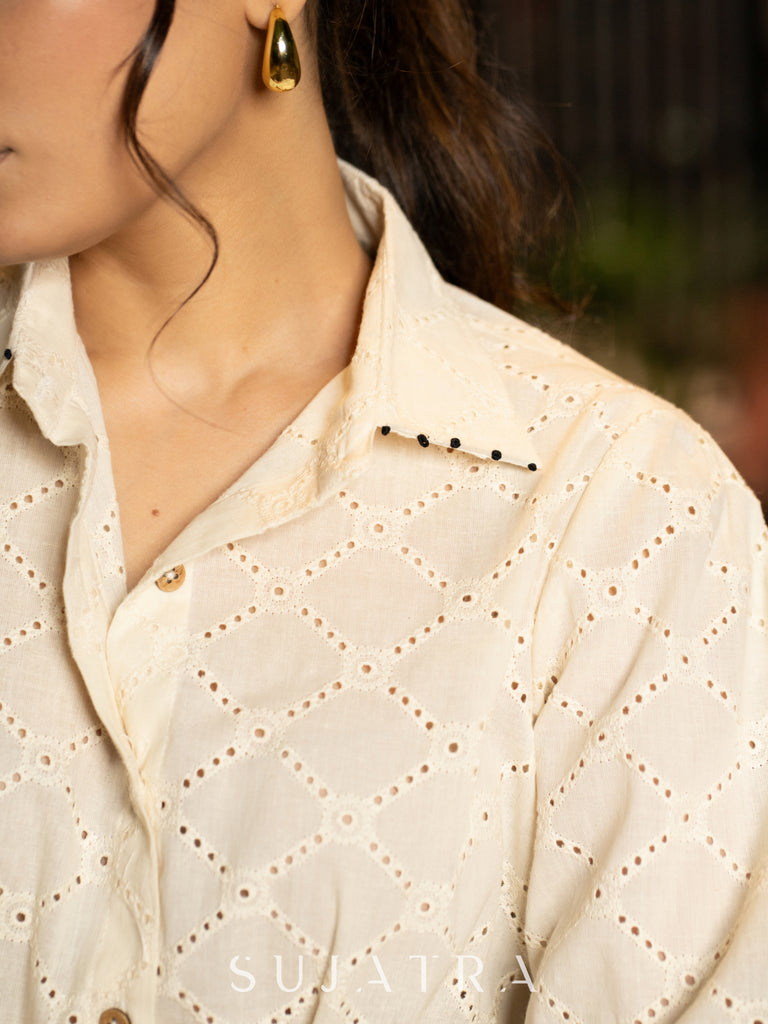 Soft Cream Hakoba Shirt with Subtle Handcrafted Collar and Sleeves Detail