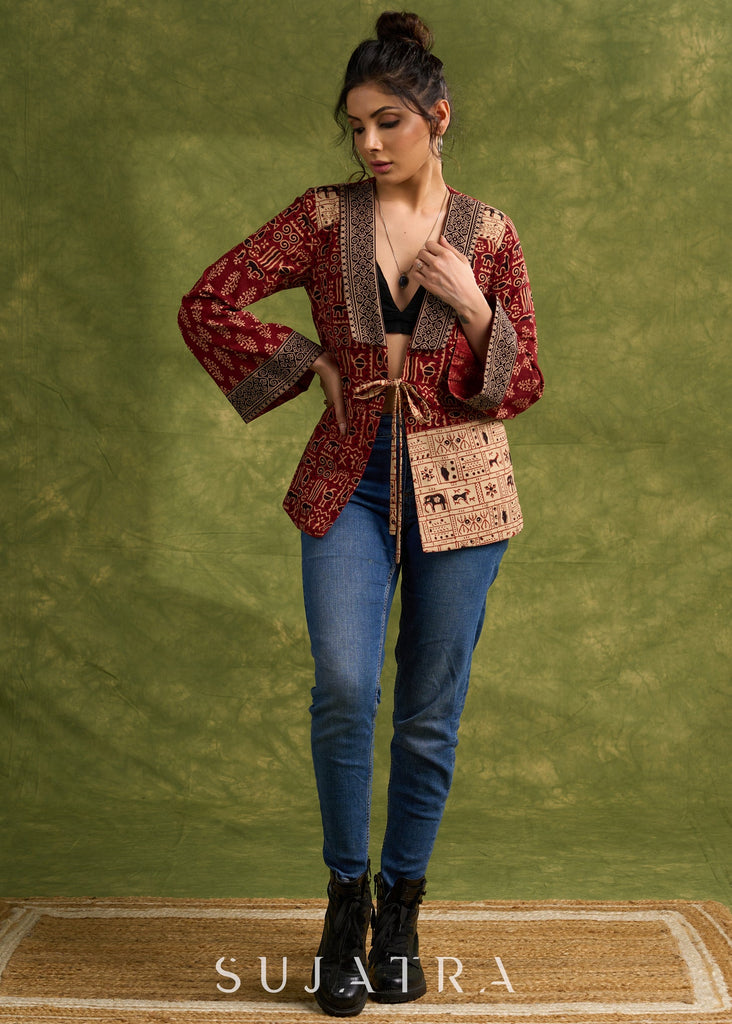 Bohemian Masterpiece : Maroon Ajrakh Patchwork Jacket With Dramatic Bell Sleeves
