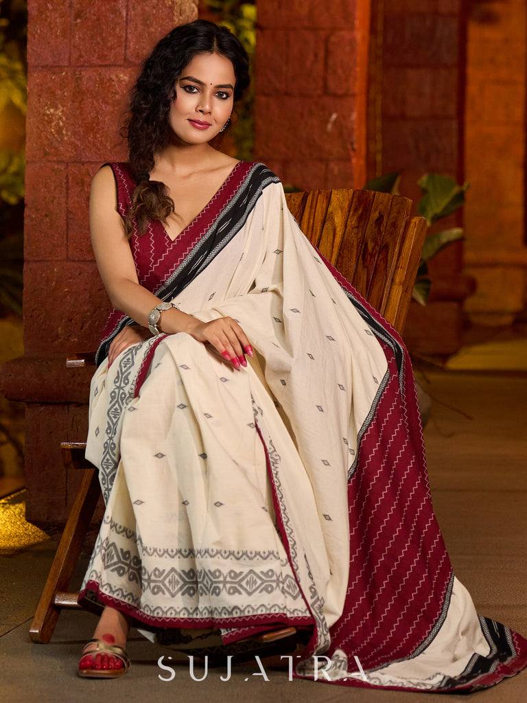 Classic ivory cotton saree adorned with Jamdani-inspired woven motifs
