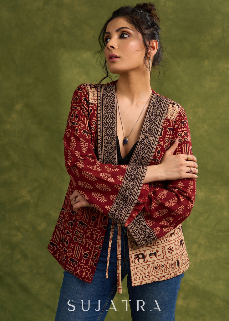Bohemian Masterpiece : Maroon Ajrakh Patchwork Jacket With Dramatic Bell Sleeves