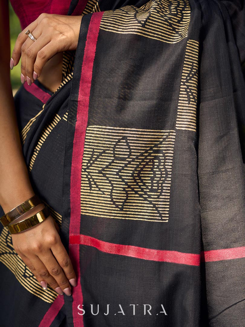 Timeless Black Cotton Saree with Classic Hand Block Print and Contrasting Border Detailing