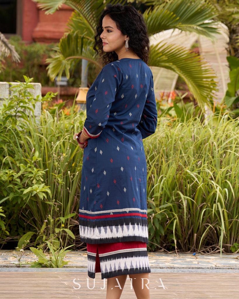 Ikat & Jamdani design Fusion Maroon Top & Skirt with Additional Ikat Accent Shrug