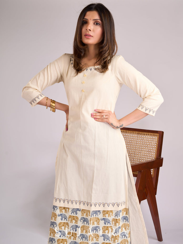 Whimsical Off-White Cotton Kurta with Printed Animals & Hand-Painted Neckline and Flare