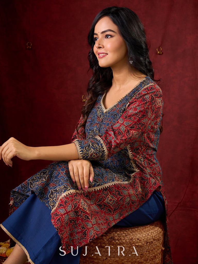 Rustic Harmony Blue–Maroon Combination Ajrakh Cotton Kurta with Delicate Embroidery