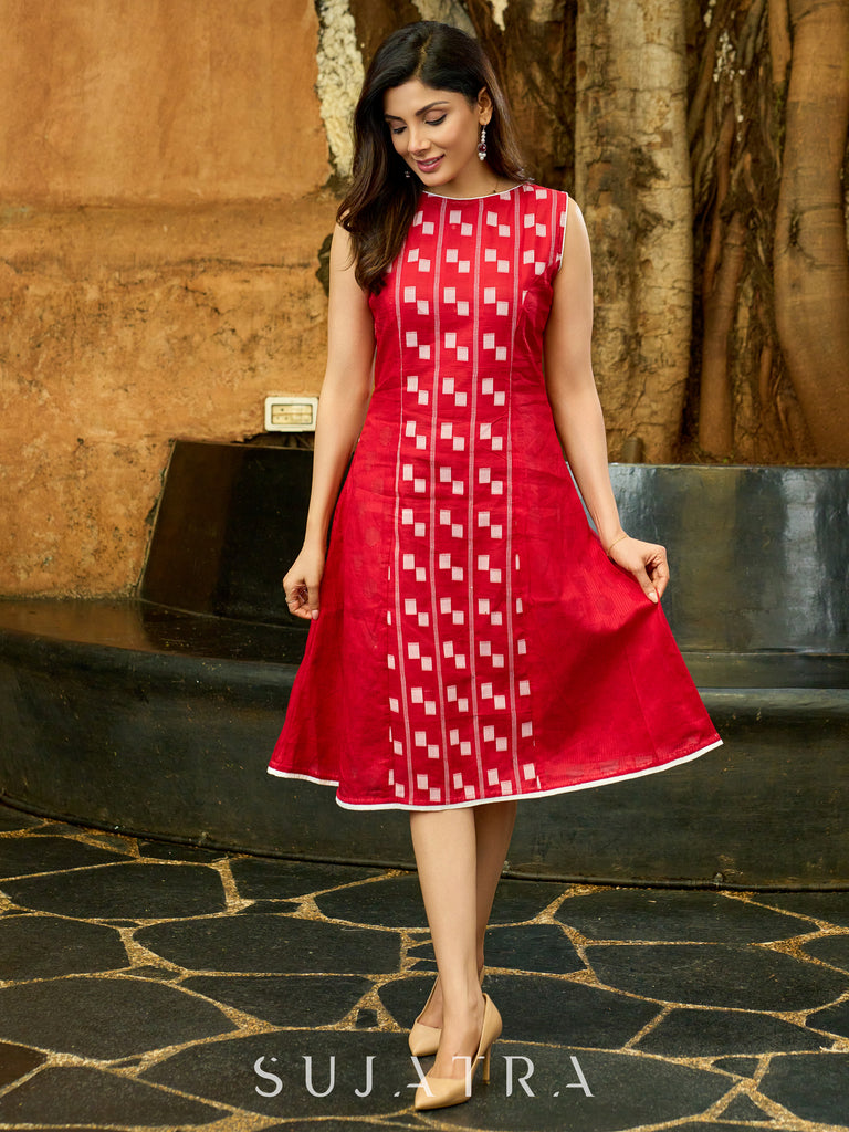 Textured Red Jamdani and Jacquard Weave Sleeveless Panel Dress