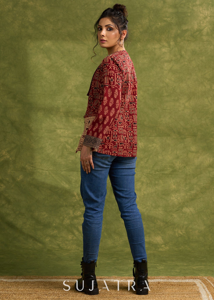 Bohemian Masterpiece : Maroon Ajrakh Patchwork Jacket With Dramatic Bell Sleeves