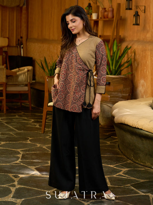 Ajrakh Heritage Wrap Cotton Top in Earthy Beige