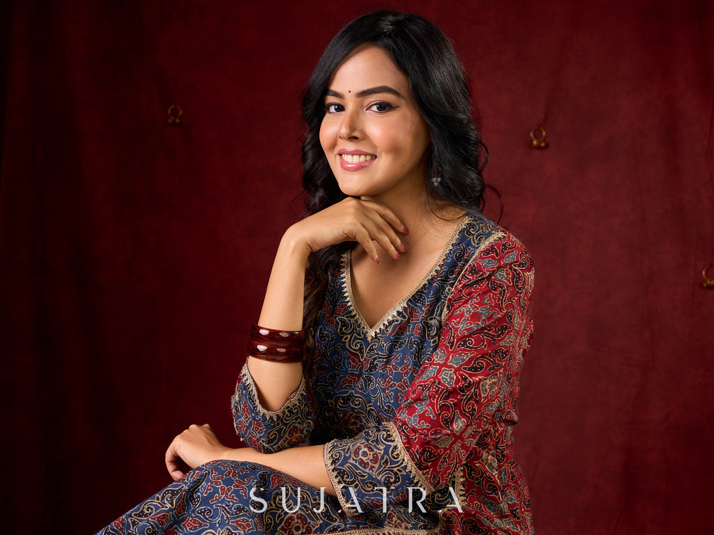 Rustic Harmony Blue–Maroon Combination Ajrakh Cotton Kurta with Delicate Embroidery