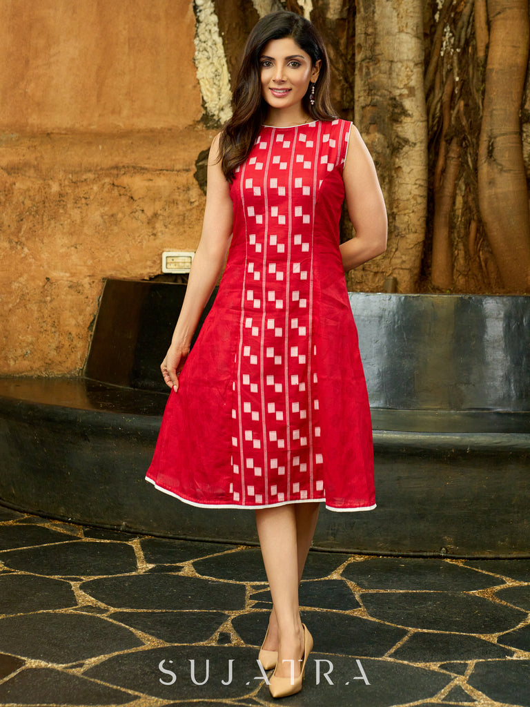Textured Red Jamdani and Jacquard Weave Sleeveless Panel Dress